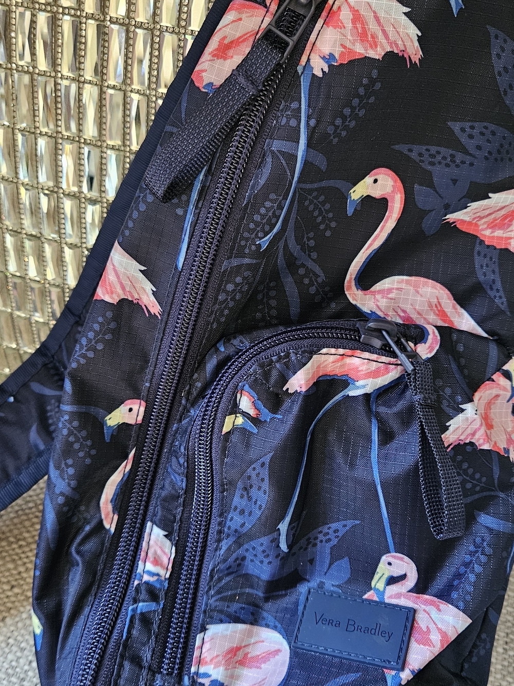 Vera Bradley Black Sling Backpack with Pink Flamingo Print - Picture 3 of 5